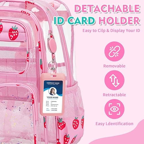 QIXIHU Clear Backpack for School,Transparent Backpack Stadium Events,Heavy Duty Clear Bookbag for Girls,Boys,Work,Sport Pink Strawberry thumbnail 4