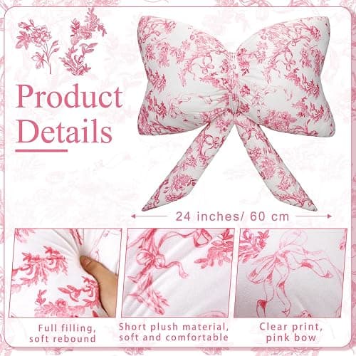 Colingmill Bow Shaped Throw Pillow 24 Inch Large Pink and White Chinoiserie Floral Pillow Decorative Coquette Love Shack Fancy Decor for Sofa Bed Couch Living Room thumbnail 2
