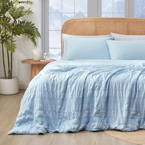 Cozy Bliss Seersucker Cooling Comforter Queen Size, Q-Max 0.45 Reversible Lightweight Cooling Blanket, Breathable Silk Smooth Summer Bedding Quilt for Hot Sleepers Night Sweats Cold Blue - Image 1