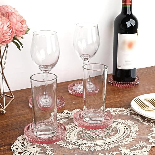OGANAZI Modern Clear Pink Glass Coasters Set of 5 - Crystal Coasters for Drinks, Round, 4 Inch, Dishwasher Safe thumbnail 2