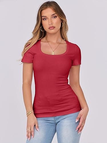 ANRABESS Women Short Sleeve Tops Scoop Neck Ribbed Knit Slim Fitted Basic Tee Shirts 2025 Casual Summer Trendy Clothes - Red - X-Small thumbnail 3
