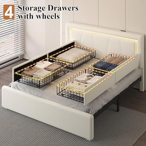 Queen Size Bed Frame with 4 Storage Drawers and LED Lights, Upholstered Platform Bed with Adjustable Headboard and Charging Station, Metal Slats Support, No Box Spring Needed,Easy Assembly, White thumbnail 7
