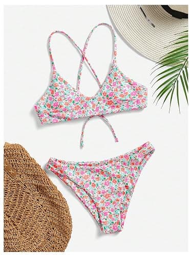 SHENHE Women's Bikini Set 2 Piece Criss Cross Tie Back Boho Swimsuits | 2 Piece Swimsuit For Women,Floral Bikini Sets,Criss-Cross Tie Back Bikini Bottom,Low Rise thumbnail 2