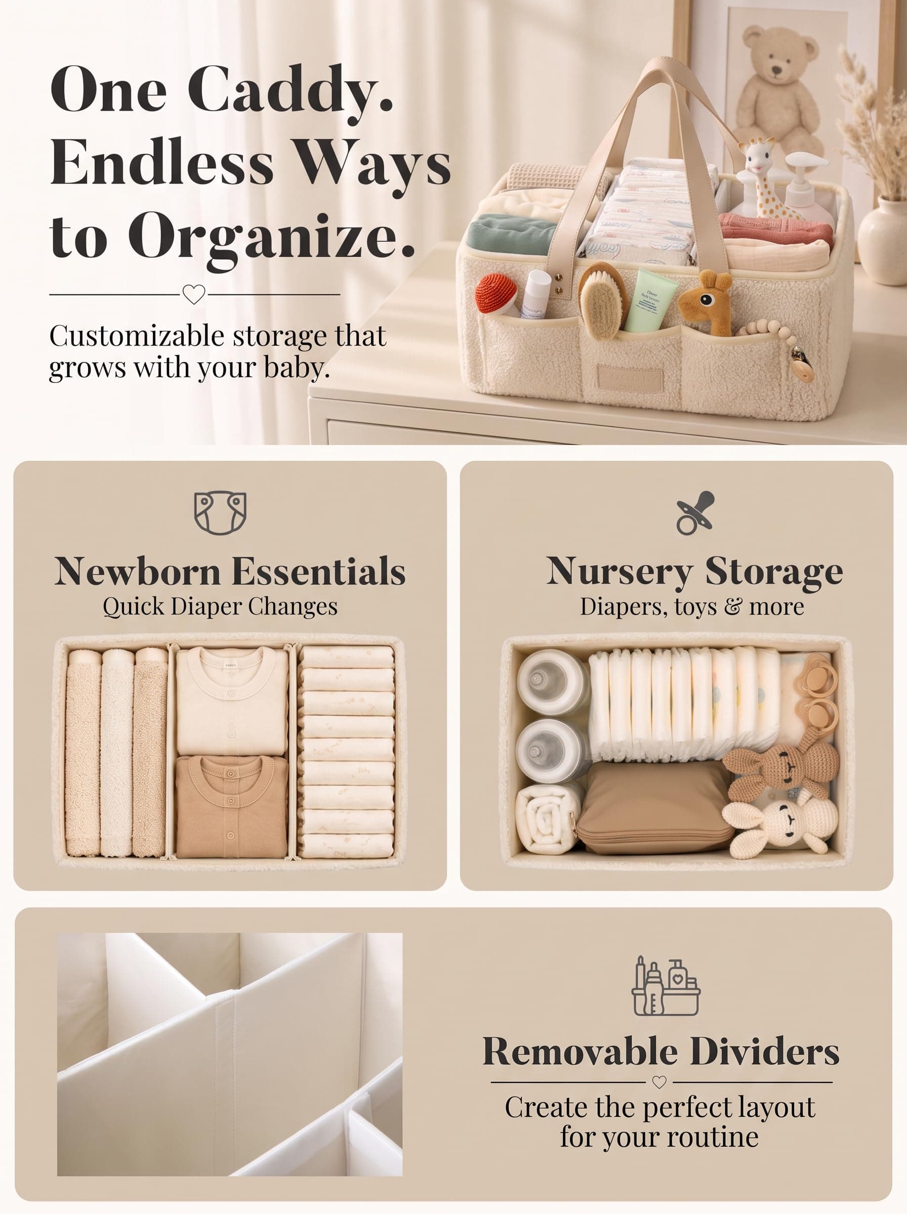 Baby Diaper Caddy Organizer with Portable Changing Mat - Teddy Fleece Diaper Organizer for Changing Table - Baby Basket for Diaper Changing Essentials - Baby Caddy Organizer with Removable Dividers thumbnail 3