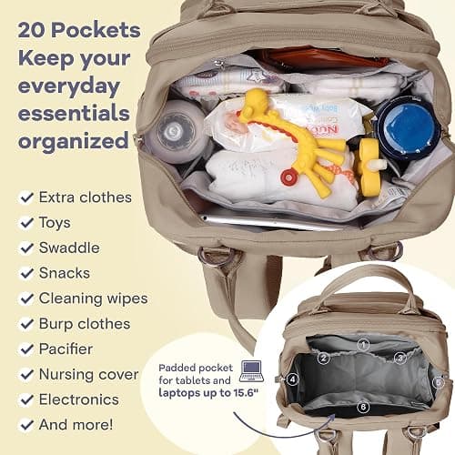 RUVALINO Diaper Bag Backpack-Multifunction Baby Travel Bag with Changing pad, Insulated Bottle Holders & Pacifier Case, Large Capacity, Waterproof, Clay thumbnail 4