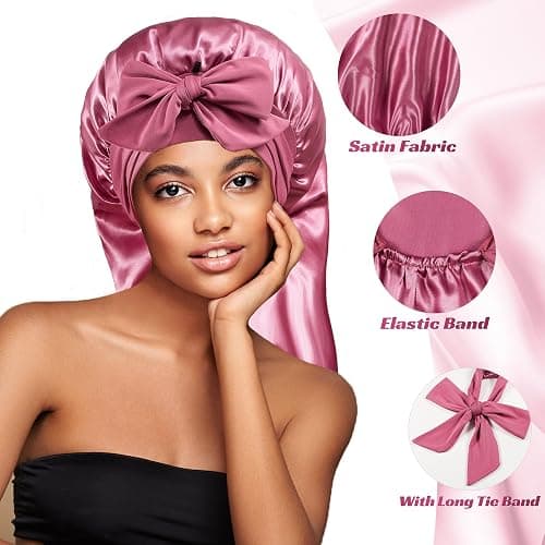 PHILIGHTS Long Satin Bonnet with Tie Band, Reversible Silk Hair Bonnet for Sleeping Women with Curly or Braided Hair thumbnail 2