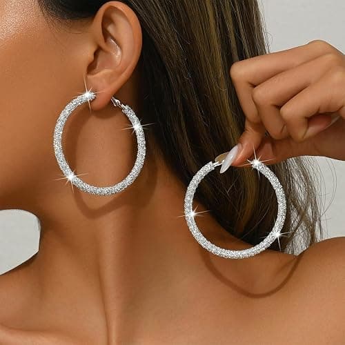 JINGDR Multcolors Cubic Zirconia Hoop Earrings For Women Statement Oval Rhinestone Hoop Earrings 14K Gold Plated Chunky Hoop Earrings Dainty Lightweight Big Earrings Trendy Jewelry (55MM/45MM) thumbnail 5