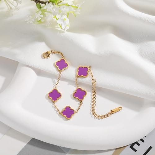 AIPPK 18K Gold Plated Clover Lucky Bracelet for Women White/Black/Red/Green Flower Four Leaf Link Bracelets Trendy Jewelry Gifts for Women thumbnail 3