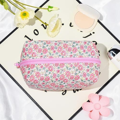 SOIDRAM Pink Makeup Bag Floral Cosmetic Bag Puffy Coquette Makeup pouch Aesthetic Cute Quilted Travel Toiletry Bag Organizer cotton Makeup Brushes Storage Bag for Women thumbnail 6