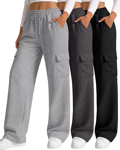 Neer 3 Pack Women's Cargo Sweatpants Wide Leg Baggy Loose Elastic Drawstring Pants Casual Athletic Joggers with 4 Pockets - Image 1