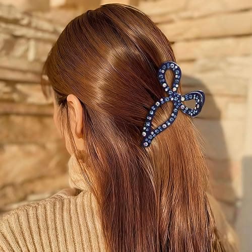 AWAYTR Rhinestone Hair Bow Claw Clip for Women, 4.3", Butterfly Style, Non Slip, for Long Thick Hair (Navy) thumbnail 3