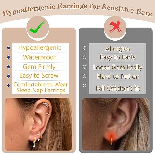MILACOLATO Hypoallergenic Flat Back Earrings 14K Gold Plated Cartilage Earring Sets for Multiple Piercing 20G Surgical Stainless Steel Earrings for Women Trendy Earring Stacks Small Hoop Flatback Stud Earrings thumbnail 5