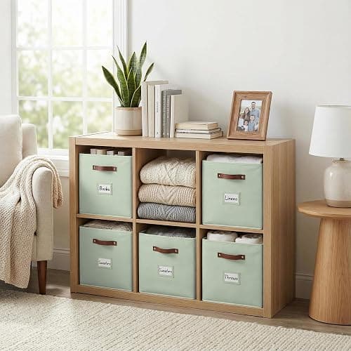 DECOMOMO Storage Bins, Storage Baskets for Shelves | 13" x 15" x 13" Storage Cube Bins with Labels for Organizing Shelves (Kallax, 4pcs, Sage Green) thumbnail 8