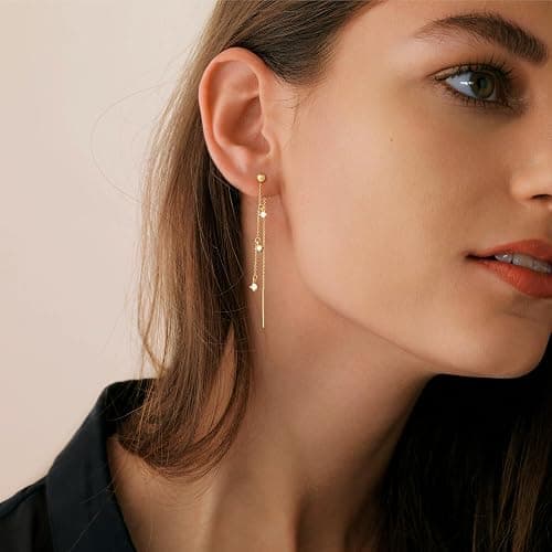 NECOCY Gold Dangle Earrings for Women Non Tarnish 14K Gold Plated Drop Wedding Hypallergenic Earring Dainty Long Hanging Chain CZ Pearl Threader Earrings Trendy Silver Plated Jewelry for Women thumbnail 7