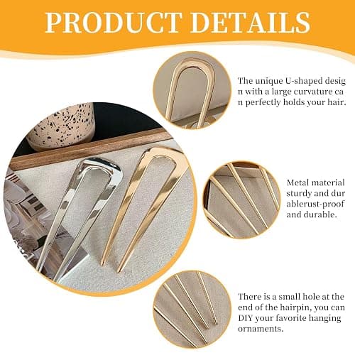 starfa lab 4 PCS French Hair Pin, U Shaped Metal Hair Fork, 2 Prong Updo Chignon Clip Sticks Buns Gold Silver Tortoiseshell Twist Fork For Classic French Variety Hairstyle Women Girls thumbnail 3