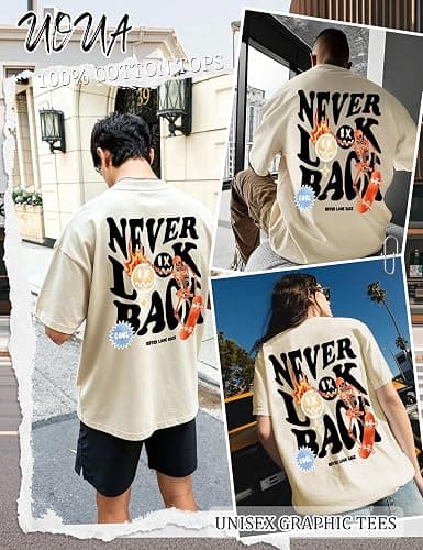 UOUA Men's Graphic Tees Oversized Short Sleeve T-Shirt | 100% Cotton, Ribbed Crewneck, Vintage Streetwear, Summer Casual Tops thumbnail 6