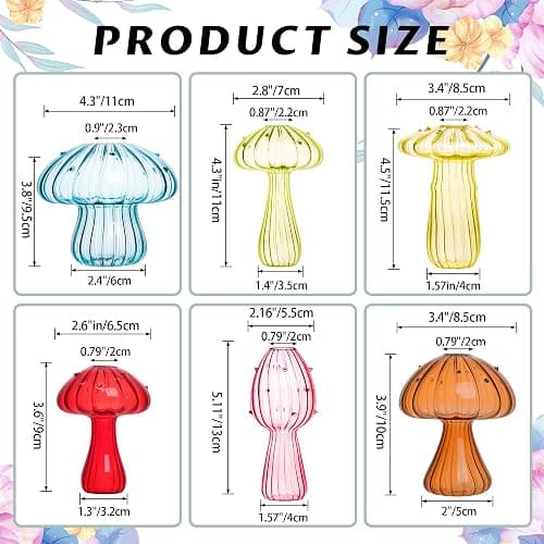 Mushroom Vase, Set of 6 Colored Flower Vase, Propagation Stations Vases, Small Bud Vases Home Decor Cute Glass Mushroom Planter for Room Office Decoration (Colorful) thumbnail 3