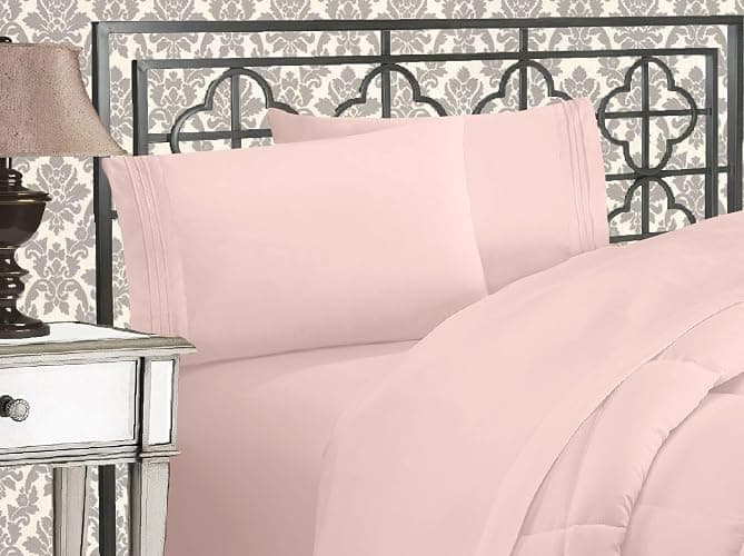 Elegant Comfort Luxurious 1500 Premium Hotel Quality Microfiber Three Line Embroidered Softest 4-Piece Bed Sheet Set, Wrinkle and Fade Resistant, California King, Blush Pink - Image 1