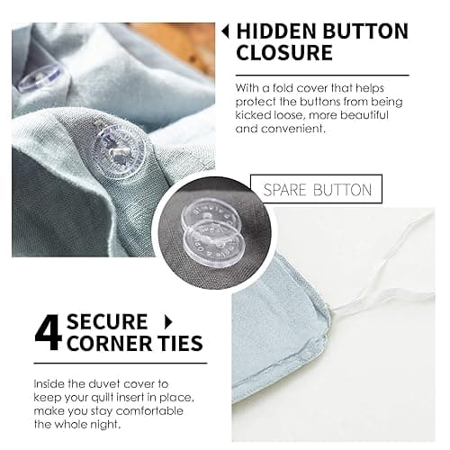 Simple&Opulence 100% Linen Duvet Cover Set 3pcs Basic Style Natural French Washed Flax Solid Color Soft Breathable Farmhouse Bedding with Button Closure - Dusty Blue, Queen - Queen - Dusty Blue thumbnail 3