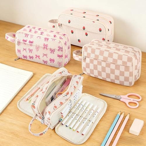 YILANCOL Cute Corduroy Pencil Case Pouch with Handle,Extra Large 4 Compartment Aesthetic Pen Case Pouch Organizer Gifts for Teen Girls,School,College,Birthday Gifts (Beige Strawberry) thumbnail 4