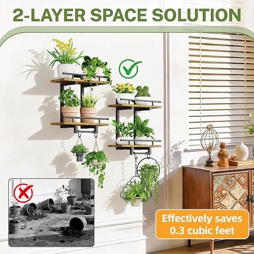iDavosic.ly Wall Plant Holder Set of 2, 2 Tier Indoor Floating Shelves with 4 Hooks for Hanging Plants, Wall Mounted Space Saving Display Stand for Living Room Bedroom (Pots/Chains Not Included) thumbnail 6