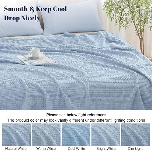 PHF Lightweight Waffle Weave Blanket Queen Size, Breathable & Ultra Soft, 90"x 90" Soft & Cozy Thin Blanket for Spring & Summer & Hot Sleepers, Bed, Home Decor - Sky Blue thumbnail 8