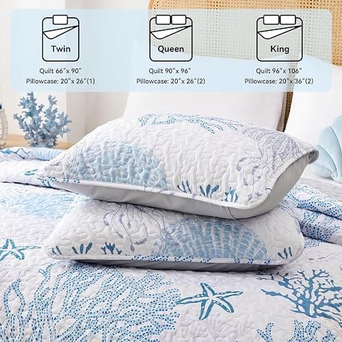 weigelia Coastal Quilt Queen Size, Blue Coral Lightweight Summer Bedding | Blue Coral Coastal Design, Soft Lightweight Microfiber, Machine Washable, Beach House Bedroom Decor, 2 Pillowcases, 90''x96'' thumbnail 6