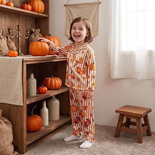 Kids Thanksgiving Pajamas Toddler Girl Turkey Pajama Shirt Pants Set | Little Girl Ruffle Cuffs Long Sleeve Button Down Shirt Stain Pants Set Loungewear Sleepwear Two Piece Pjs Set thumbnail 2