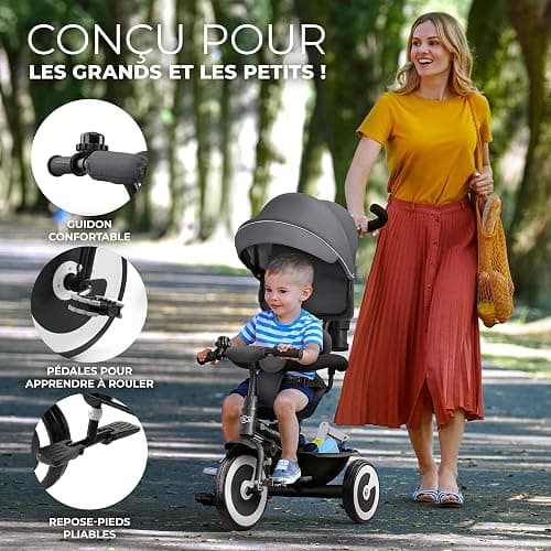 Kinderkraft ASTON Tricycle Bébé Évolutif, Draisienne Évolutif, Trike Bebe, Velo Poussette Bebe Évolutif, Velo Enfant 5 ans, De 9 Mois, Compact, Accessoires Pratiques, Capote pliante, Gris thumbnail 4
