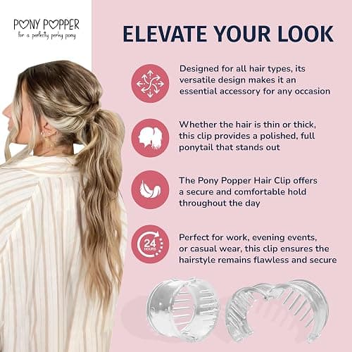 Pony Popper Clip – High Ponytail Holder for Full, Voluminous Styles, Versatile Accessory for All Hair Types, Ponytail Volumizer for Thick & Long Hair, Fancy Accessories for Women, Clear Pony Popper thumbnail 4