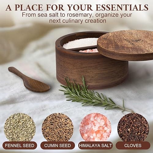 Vorisebo Acacia Wood Salt Container with Built-in Spoon, Elegant Salt Holder with Magnetic Swivel Lid, Salt Box for Kitchen to Storage Pepper, Spice or Favorite Seasonings, 5OZ (Two Compartments) thumbnail 6