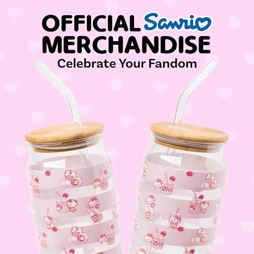 Silver Buffalo Sanrio Hello Kitty Strawberry Milk Pink Glass Jar Tumbler with Bamboo Lid and Glass Straw, 16 Ounces thumbnail 5