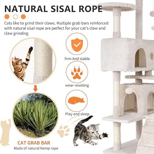 BestPet | 54" Cat Tree Tower | Beige | Sturdy, Easy to Assemble, Multi-Level Activity Center with Sisal Scratching Posts, Condos, Perches, Hanging Cat Toys, Observation Decks & Ladder thumbnail 4