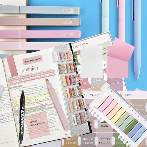 32Pcs Bible Journaling Kit,Bible Study Supplies with 6pcs Highlighters No Bleed,75 Laminated Tabs,5 Magnetic Bookmarks,300 Sticky Notes,6 Color Pens with Refills,Bible Journaling Supplies for Women thumbnail 3