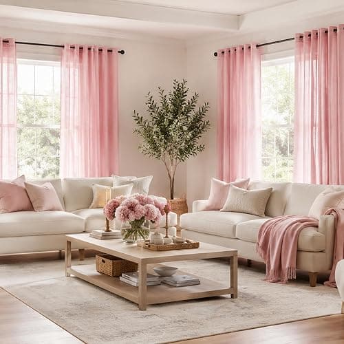 MEETSKY Pink Curtains for Girls Bedroom 96 Inches Long Light Filtering Semi Sheer Curtains for Living Room Grommet Nursery Window Drapes Privacy Soft Boho Farmhouse Style, 52" x 96", 2 Panels thumbnail 3