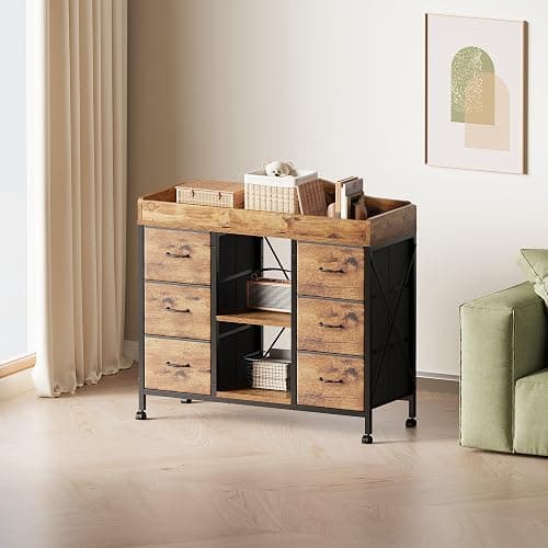 Yetom Changing Table, 6-Drawer Baby Dresser with Changing Table top,Waterproof Diaper Changing Station & Pad, 2 Height-Adjustable Open Storage Shelves, Mobile Nursery Organizer, Rustic Brown thumbnail 8