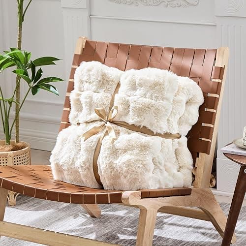NORD ECO Luxury 1000GSM Faux Rabbit Fur Throw Blanket, Super Heavy Warm Cozy Blankets for Couch Bed Sofa, Bubble Plush Fuzzy Elegant Soft Reversible Mink Blanket for Living Room Bedroom, Cream White thumbnail 6