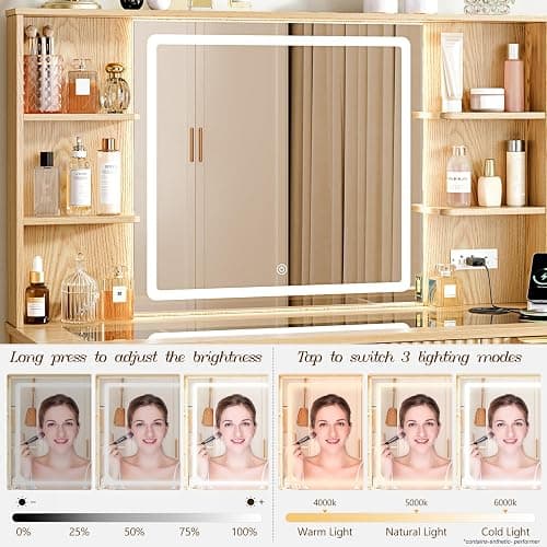 Vanity Desk with Large 27.2" Mirror and Lights 47.2" Fluted Makeup, 5 Drawer Vanity with Power Strip, 4 Open Shelves, 2 Cabinet, Modern Bedroom Vanity Featuring Visual Transparent Glass. Wood thumbnail 4