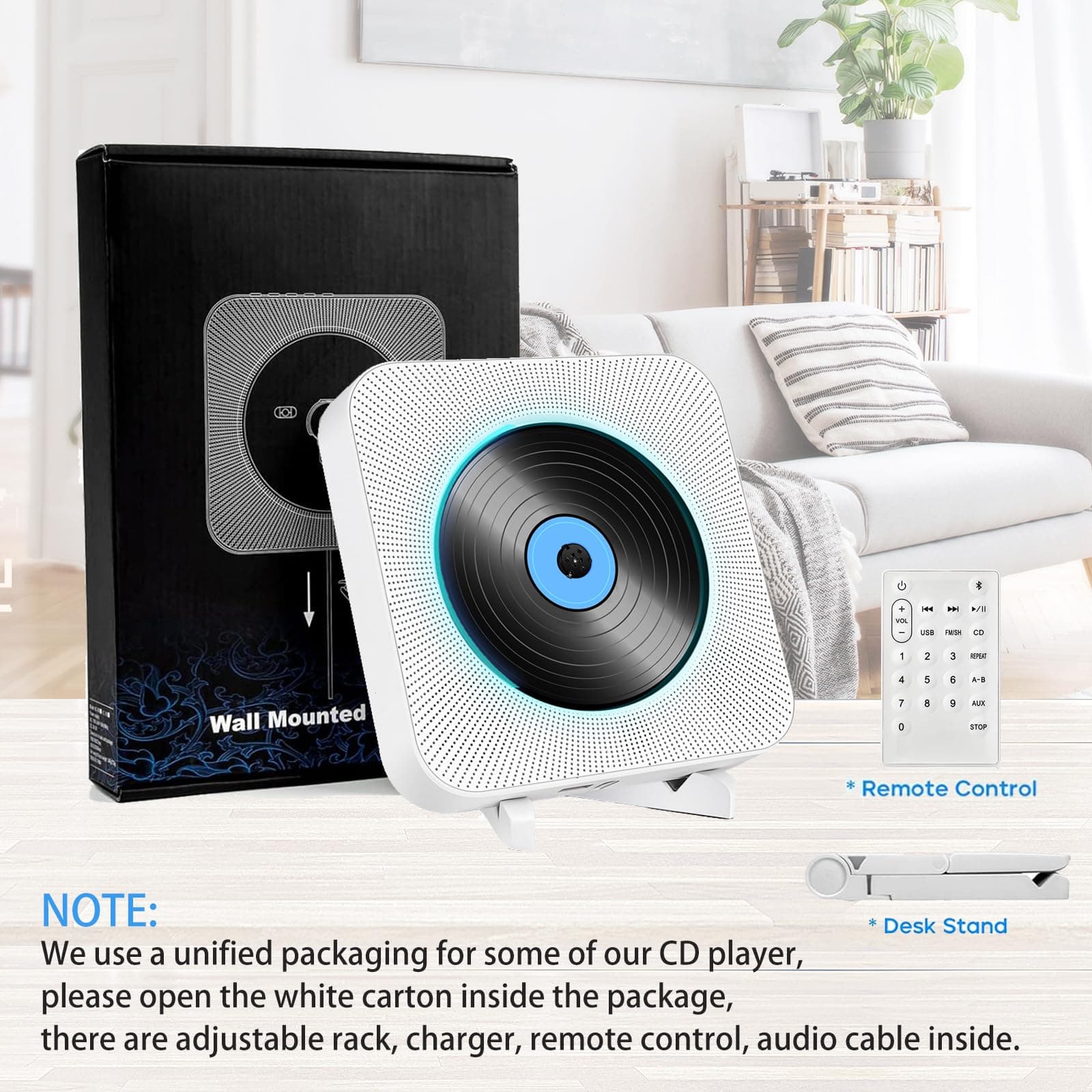 SHIWAKOTO Bluetooth CD Player, FM Radio CD Players with HiFi Speakers, Wall Mountable CD Player with Rack, Home CD Players Supports FM, USB Port, AUX in/Output, Portable Audio Music Player for Kids thumbnail 8