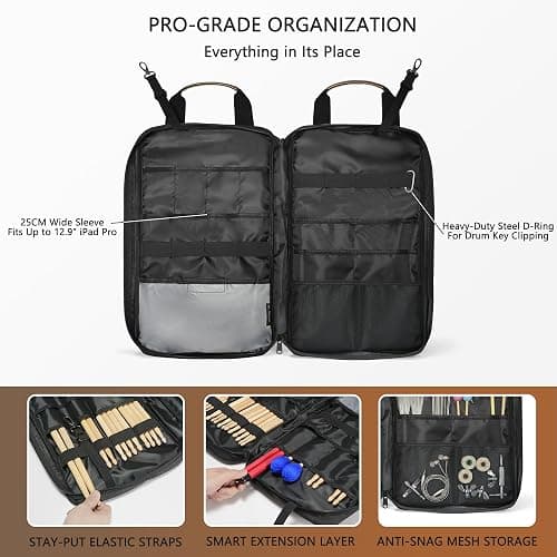 Amazing Fair Drumstick Bag, Heavy Duty Thickened Waxed Canvas Drum Stick Bag with Metal Hanging Hooks, Large Capacity Professional Stick Mallet Case for Gigging Touring Drummer, Matte Black (Black) thumbnail 3