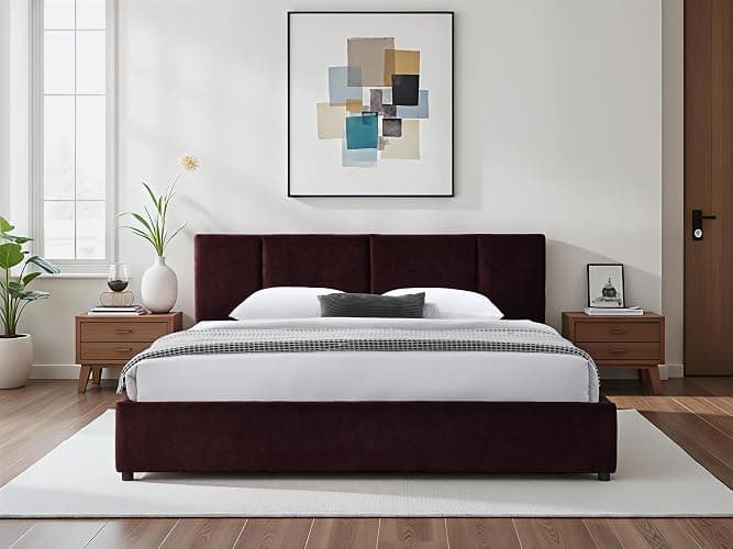 Omax Decor Venice Upholstered Platform Bed | Box Spring Not Required | Burgundy, King Size Bed Frame - King - Burgundy thumbnail 3