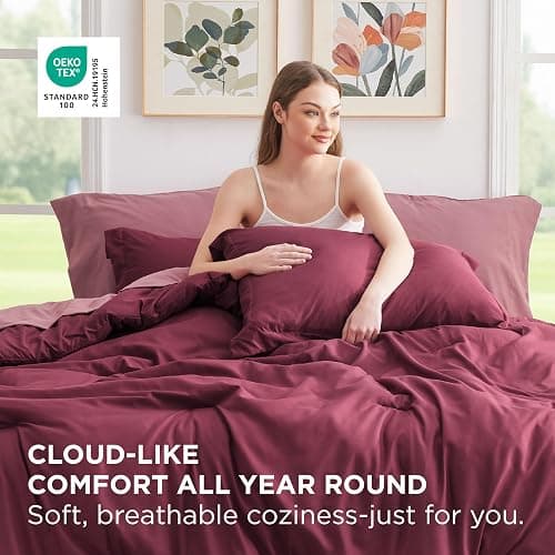 Bedsure Full Size Comforter Set - 7 Pieces Burgundy Full Bedding Set for All Seasons, Boho Contrasting Design Bed in a Bag with Comforter, Sheets, Pillowcases & Shams thumbnail 3
