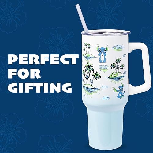 Silver Buffalo Disney Lilo and Stitch Vintage Sketch Palm Trees and Flowers Stainless Steel Tumbler with Handle and Straw, Fits in Standard Cup Holder, 40 Ounces thumbnail 7