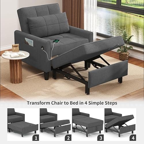 DURASPACE Sleeper Chair Bed with USB Ports, Side Pockets, 3-in-1 Convertible Futon Chair, Adjustable Backrest Recliner Pull Out Bed for Living Room, Bedroom, Small Spaces (Dark Gray) thumbnail 3