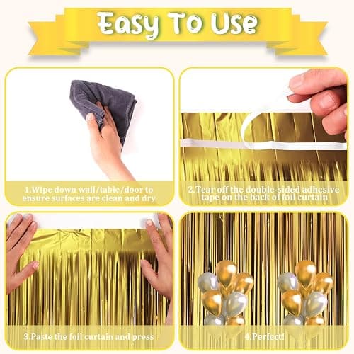 Voircoloria 3 Pack 3.3 x 8.2 ft Matte Gold Foil Fringe Backdrop Curtains, Tinsel Streamers Party Decorations, Fringe Backdrop, Door Shimmer for Graduation, New Years Eve, Birthday Party thumbnail 4