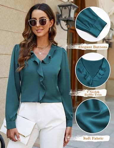 Blooming Jelly Womens Dressy Casual Blouse Business Long Sleeve Tops Ruffle V Neck Work Shirt Fall Outfit 2025 thumbnail 2