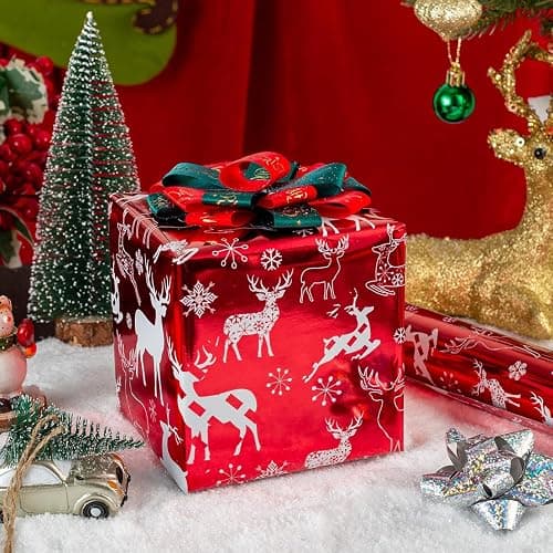 Merture Reindeer Red Christmas Wrapping Paper Roll, Metallic Red Solid Color Gift Wrap for Christmas Wedding New Year Birthday Valentines Day Mothers Day Baby Shower - Mini Roll - 17 In X 32.8 Ft(46.5 sqft) thumbnail 5