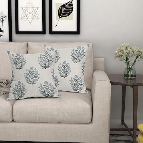 Grandmillennial Pillow Covers 18x18 Inch Set of 2 Blue Floral Block Print Cotton Linen Decorative Throw Pillow Case Grand Millennial Cushion Cover for Bedroom Sofa Living Room Chair Home Decor thumbnail 2