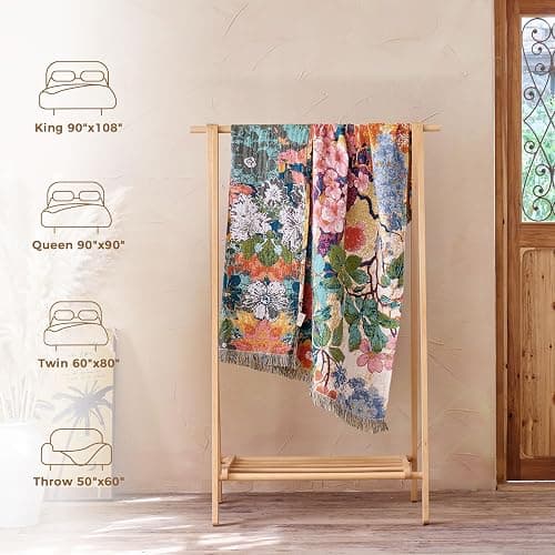 LUTBM Boho Throw Blanket for Bed Cotton Summer Blankets for Bedroom Living Room All Season Lightweight Floral Embroidery Reversible Twin Quilt for Couch Sofa Chair 60"x80" Home Decor thumbnail 6