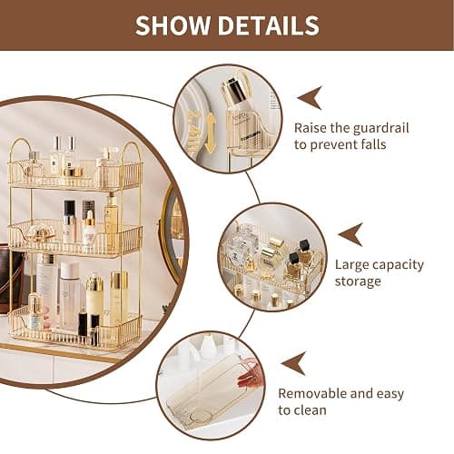 akinbas 3 Tier Bathroom Organizer Countertop Makeup Perfume Tray Skincare Organizer for Bathroom Dresser Vanity (Gold) - Gold - 3 Tier thumbnail 6